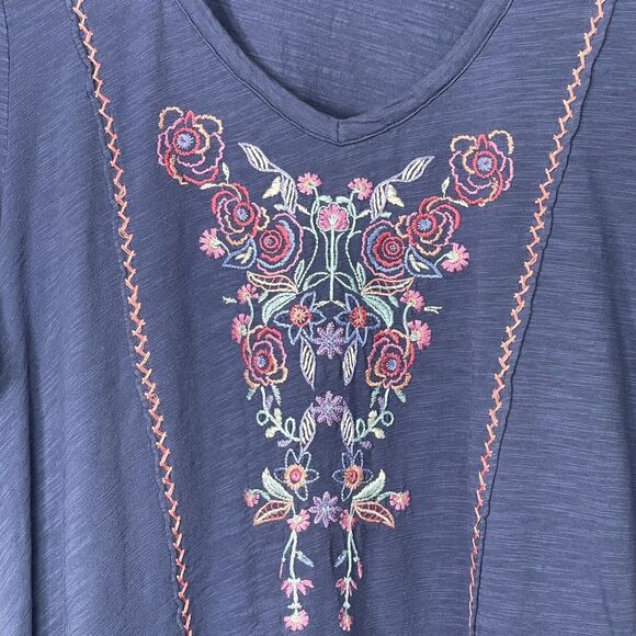 Mododoc Tunic Top Women Size L Blue Floral Boho Embroidered Side Hem Slit Cotton - Picture 4 of 14